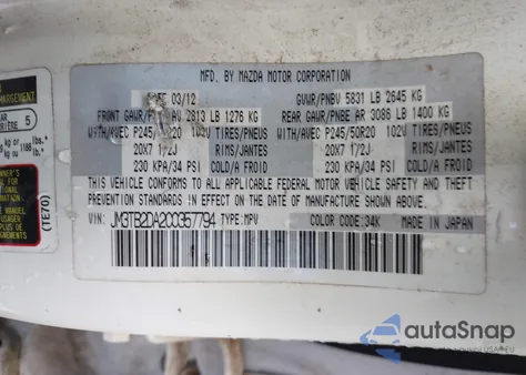 2012 Mazda Cx-9 Grand Touring z USA, uszkodzony, nr VIN JM3TB2DA2C0357794